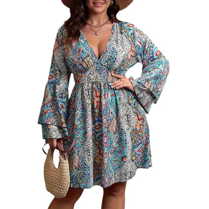 Fashion Printed V-neck Plus Size Plump Girls Bell Sleeve Dress